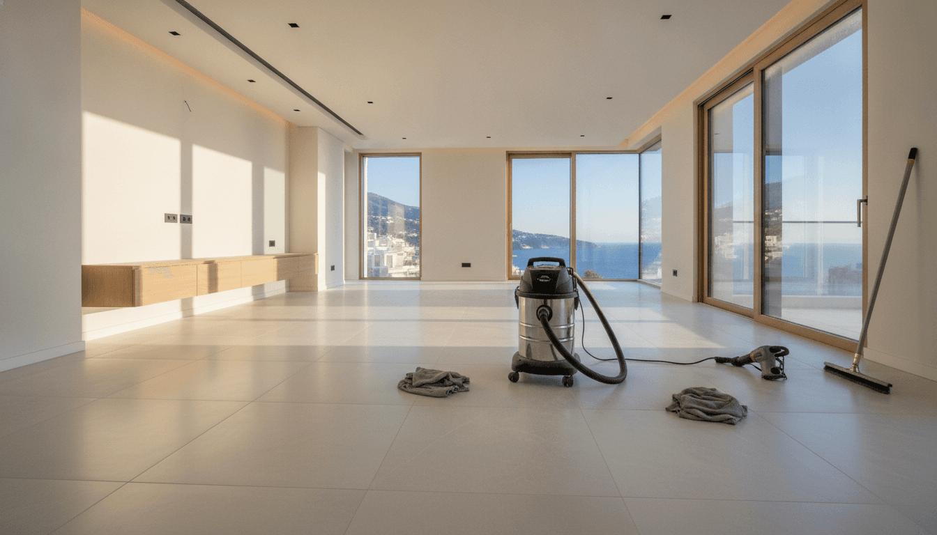 Post-construction cleaning in Nice apartment with fine dust removal and tile inspection