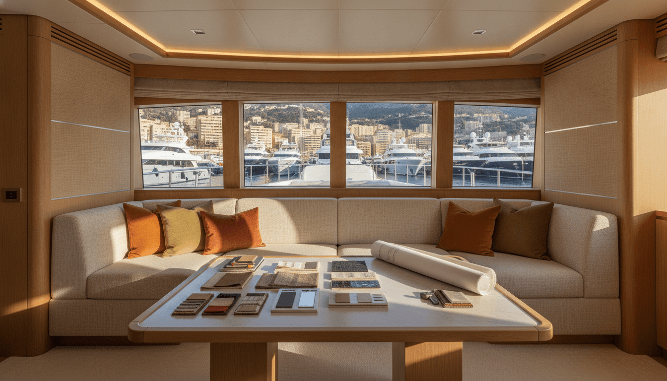 Yacht interior design in Monaco with marine textiles, lightweight finishes and custom cabin furnishings